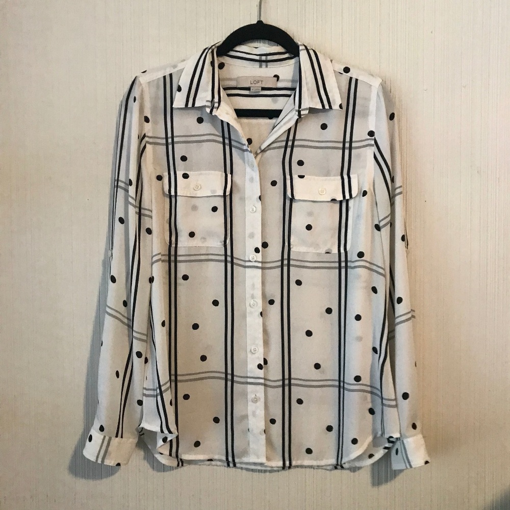 LOFT White Button Down Shirt with Dots and Stripes